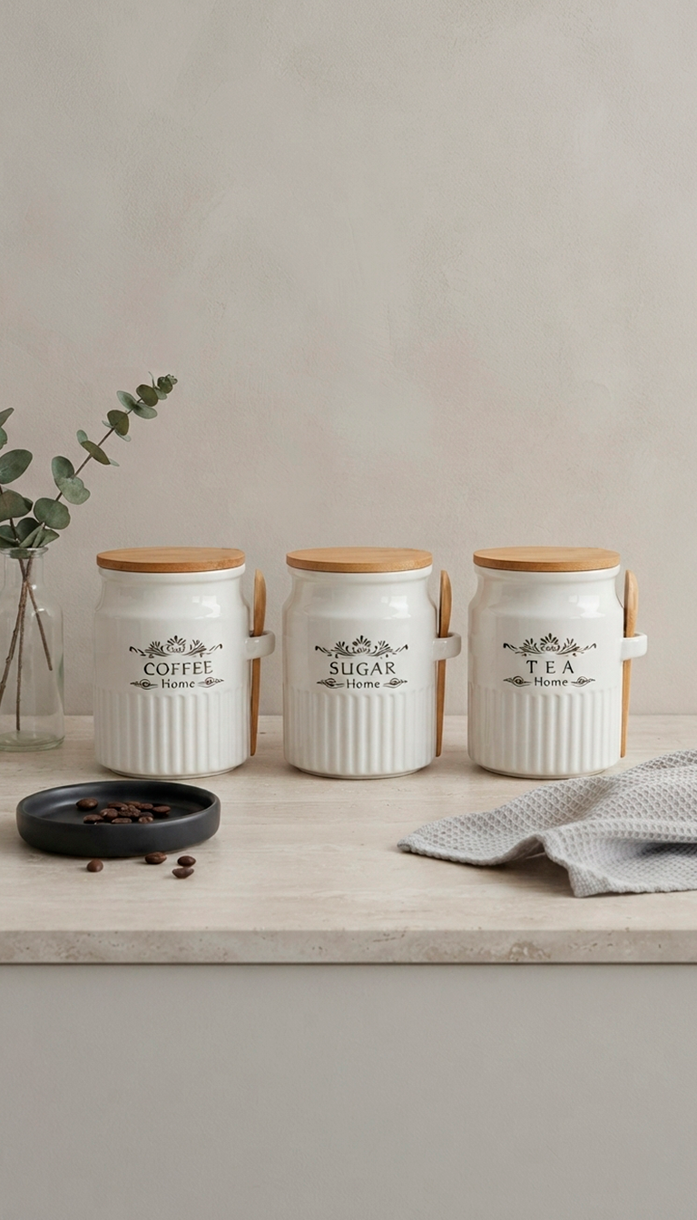 Ceramic storage jars set with bamboo spoon