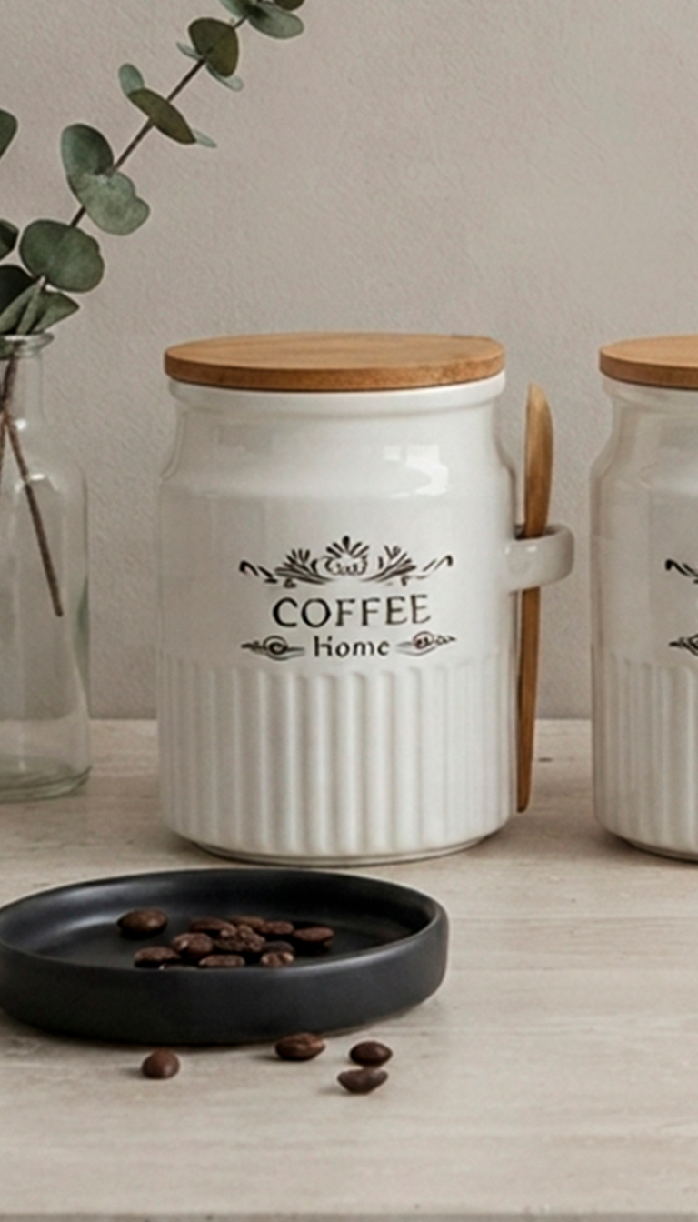 Ceramic storage jars set with bamboo spoon
