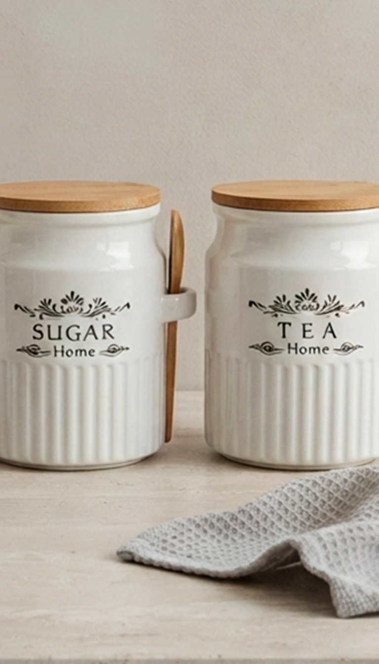 Ceramic storage jars set with bamboo spoon